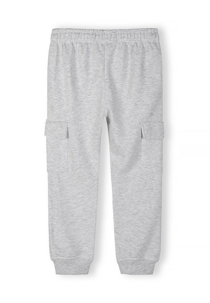 Boys grey cargo joggers, back view, with elastic waistband and side pockets.