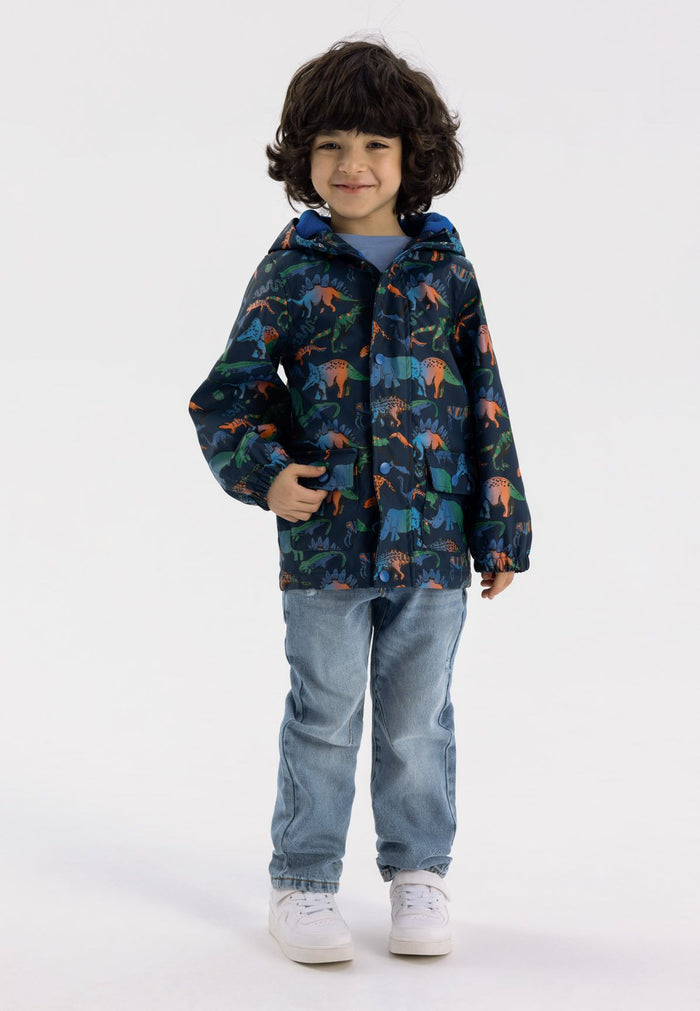 Rain Jacket Dinosaur Print Navy Waterproof Hooded - 1