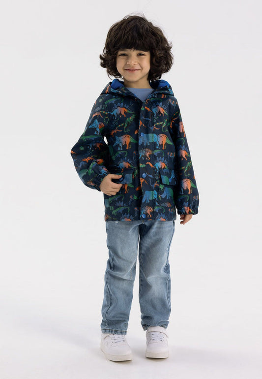 Rain Jacket Dinosaur Print Navy Waterproof Hooded - 1