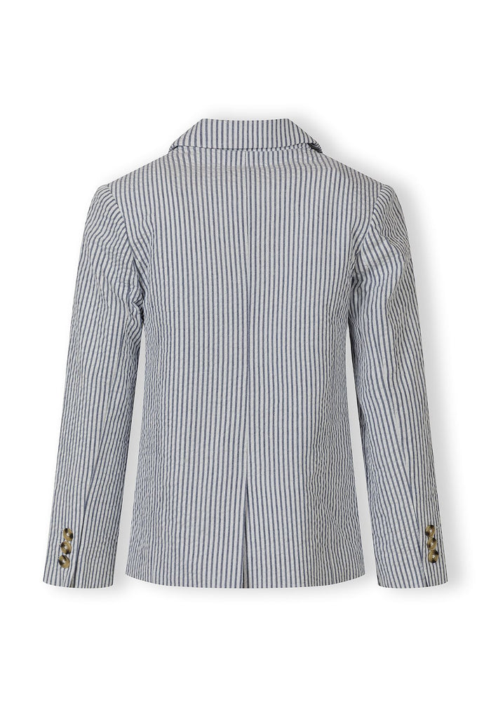 Boys tailored cotton blazer, navy blue striped, back view with structured lapel and button details.