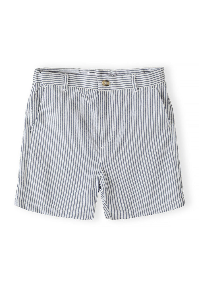 Navy striped tailored shorts, front view, featuring two side pockets and button closure.