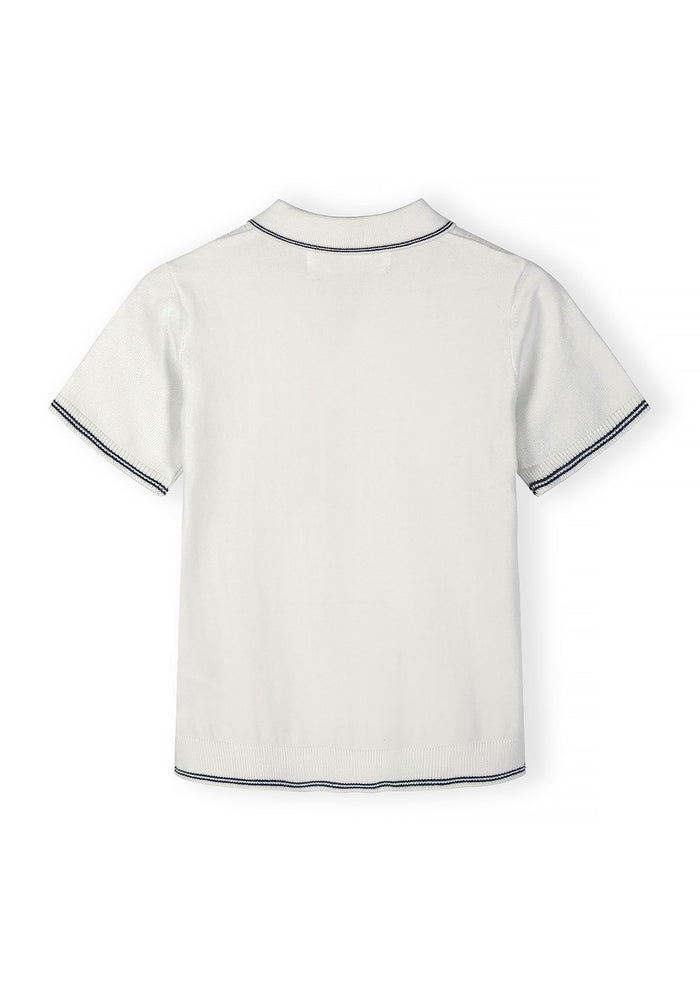 Boys off-white striped polo t-shirt, back view, short sleeves, classic collar.