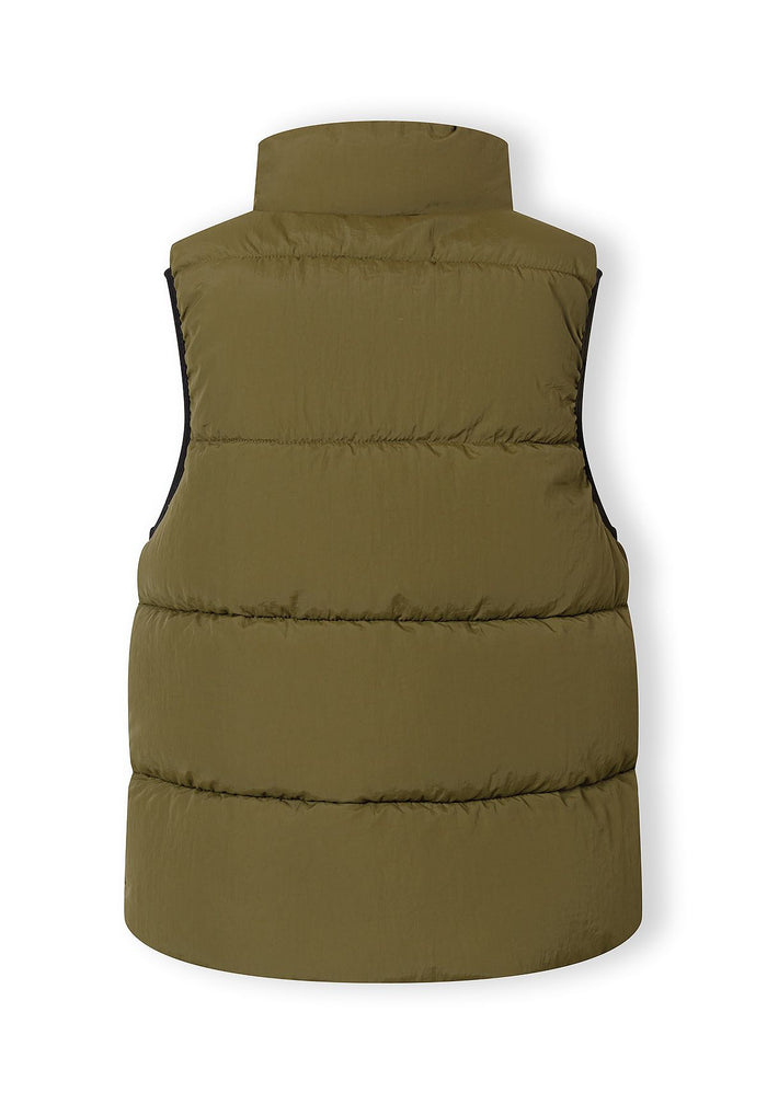 Boys padded nylon utility waistcoat, olive, back view, features stand collar and quilted design.