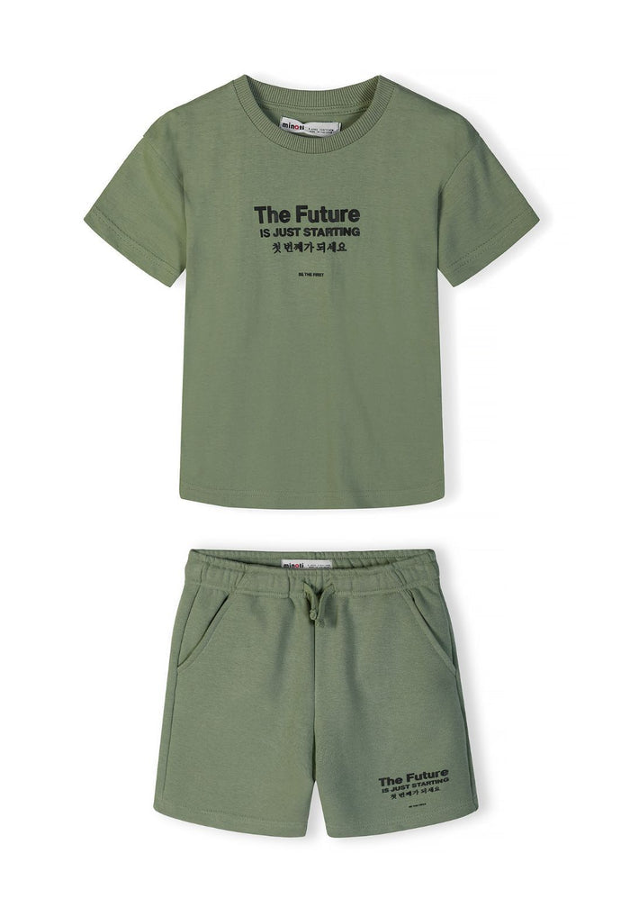 Boys' olive t-shirt and shorts set, featuring a ribbed neckline and side pockets.