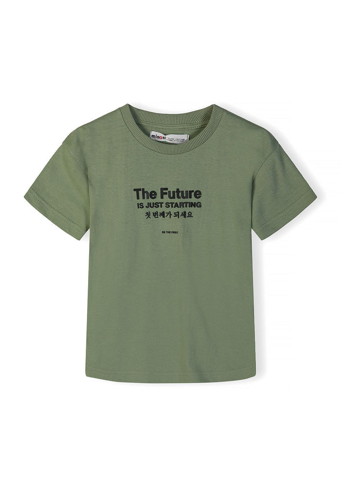 Boys' olive t-shirt with printed text, featuring a ribbed round neckline and short sleeves.