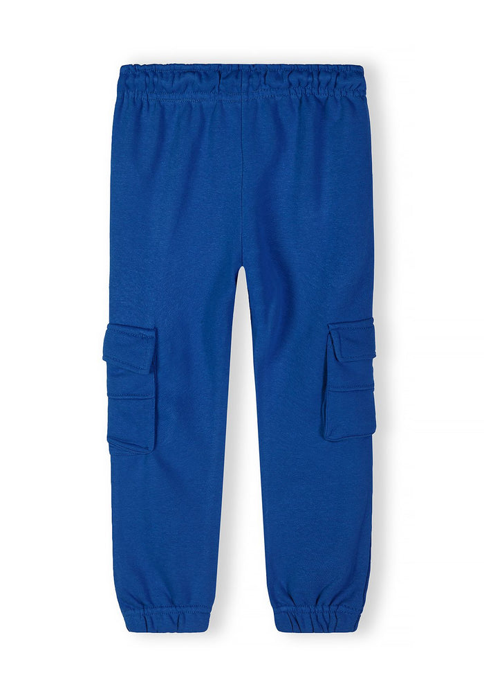 Boys royal blue joggers, close-up view with cargo pockets and elasticated cuffs.