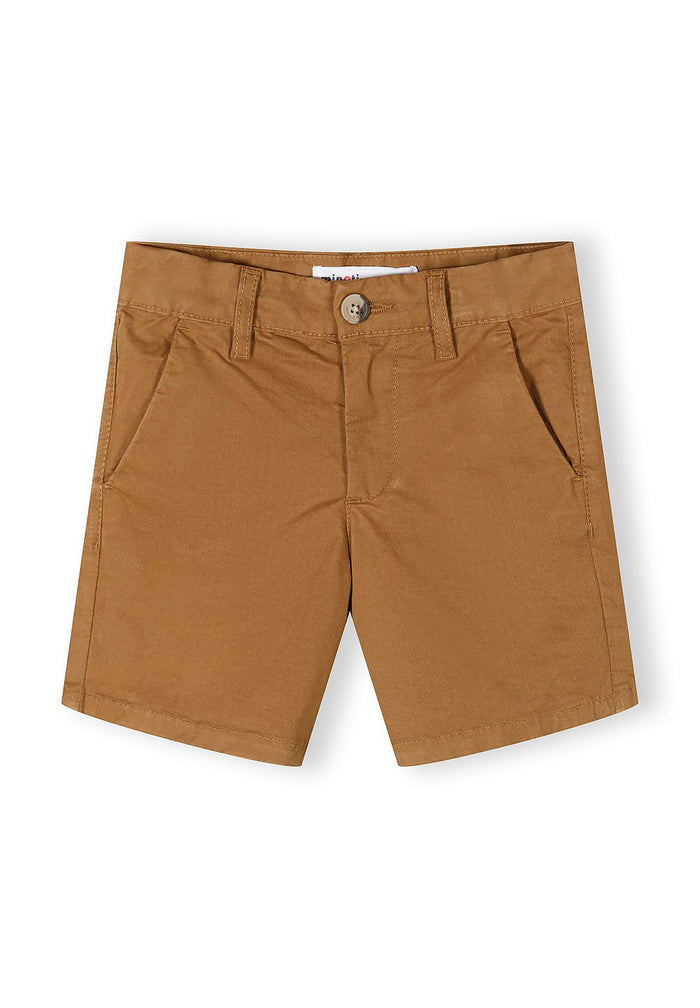 Boys chino shorts in sand, front view with button and pockets.