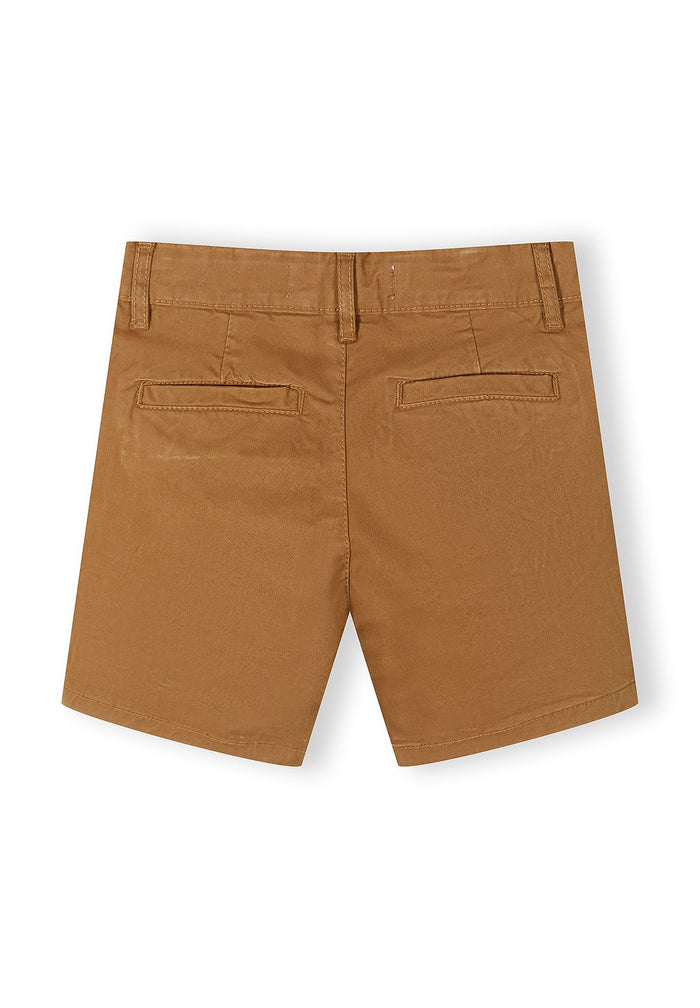 Back view of boys' sand chino shorts with two back pockets and belt loops.