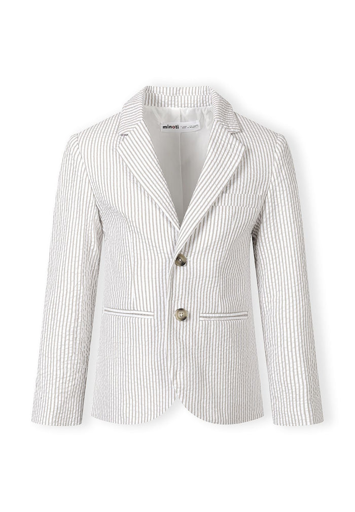Boys' stone striped blazer, front view, features notch collar and two side pockets.