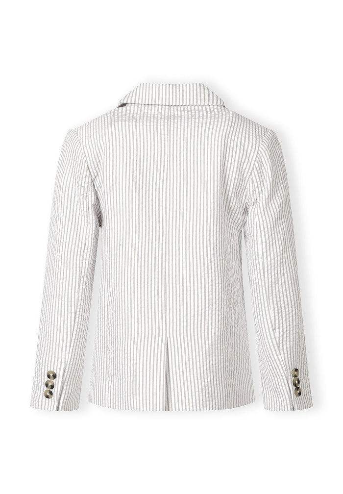 Boys' stone striped blazer, back view, featuring a notch collar and button details.