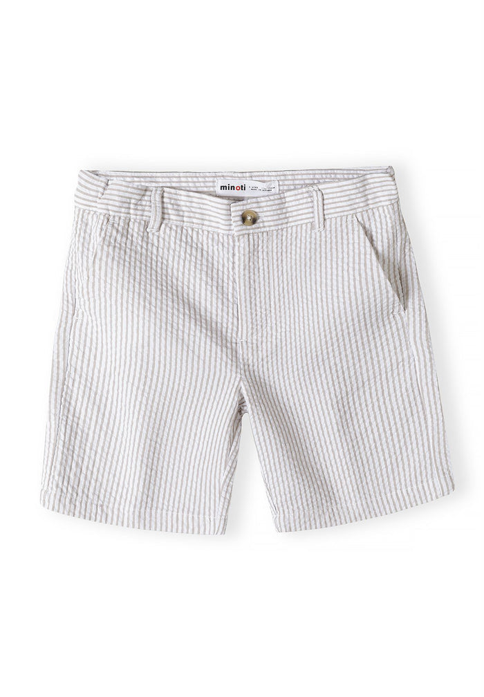 Boys tailored suit shorts in stone color, front view with zip fastening and two side pockets.