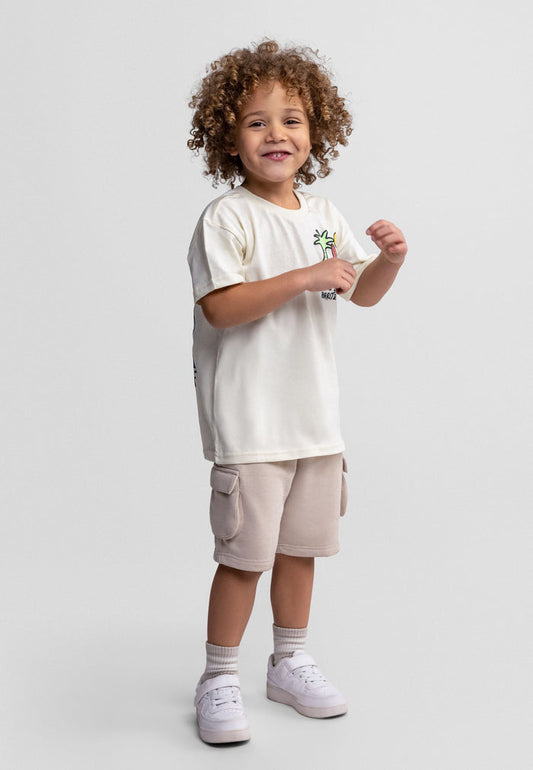 Boys' two-piece outfit with short sleeve t-shirt and combat shorts, front view, featuring cargo pockets.