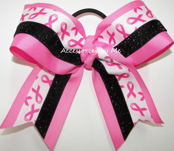 Breast Cancer Hot Pink Black Glitter Cheer Bow