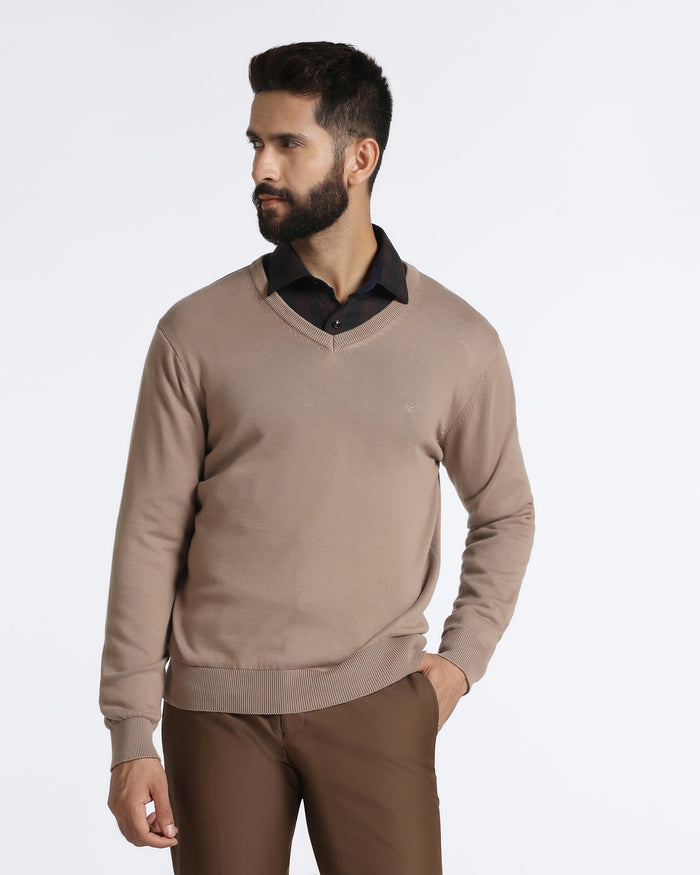 Camel V-Neck Solid Sweatshirt - Vneckter