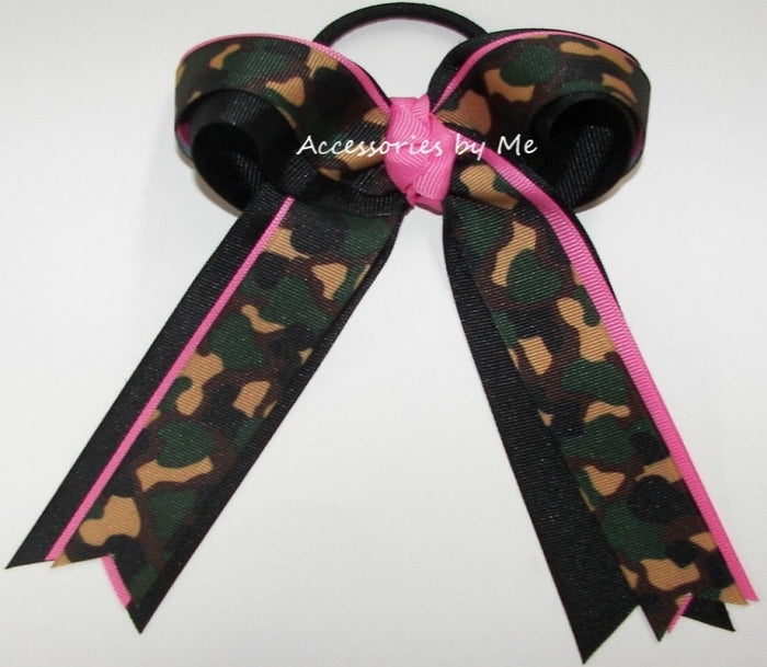 Camouflage print Ribbon Hot Pink Black Ponytail Bow