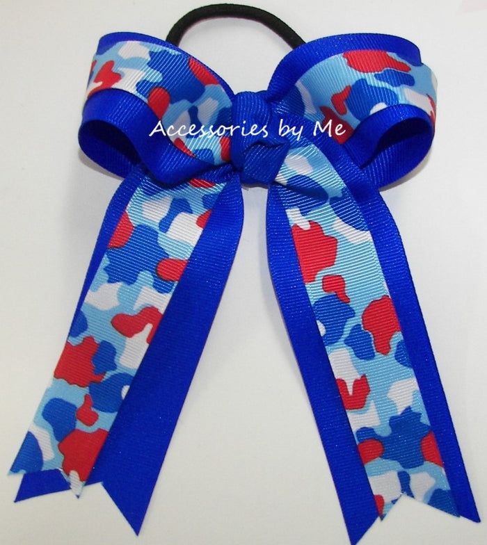 Camouflage Red White Electric Blue Ponytail Bow