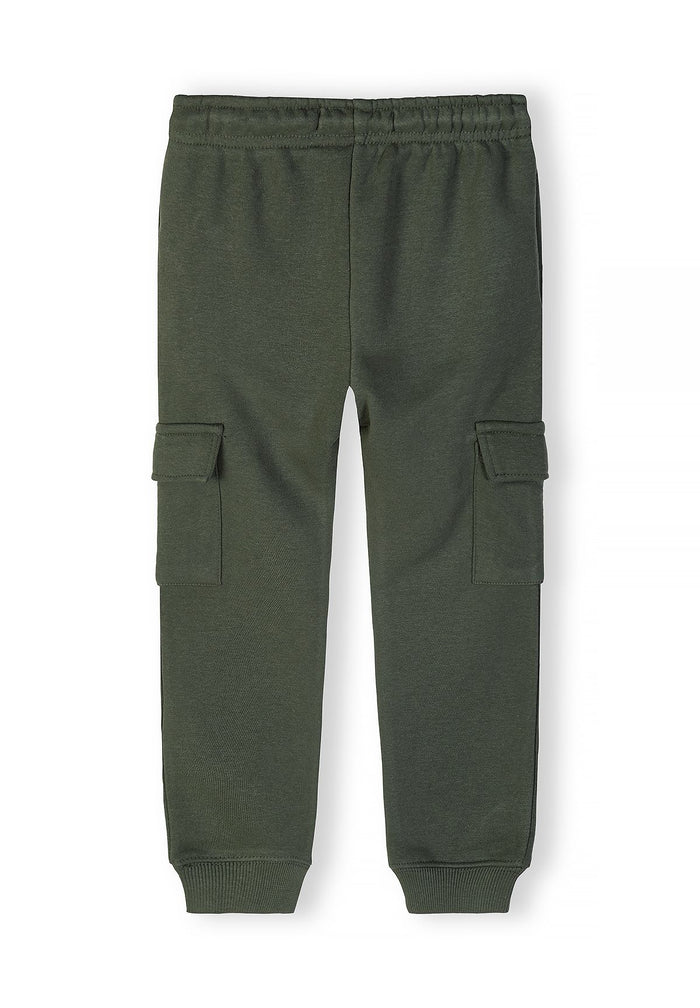 Back view of khaki cargo joggers with elasticated waistband and side pockets.