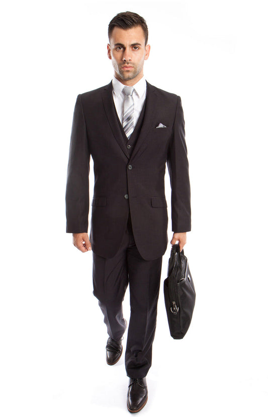 Charcoal Solid 3-PC Slim Fit Stretch Suits For Men - Giorgio's Menswear