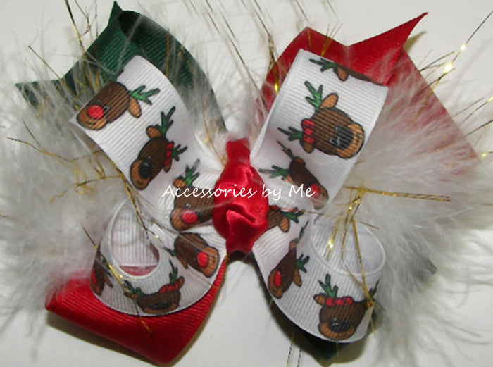 Rudolph Red Green White Marabou Hair Bow
