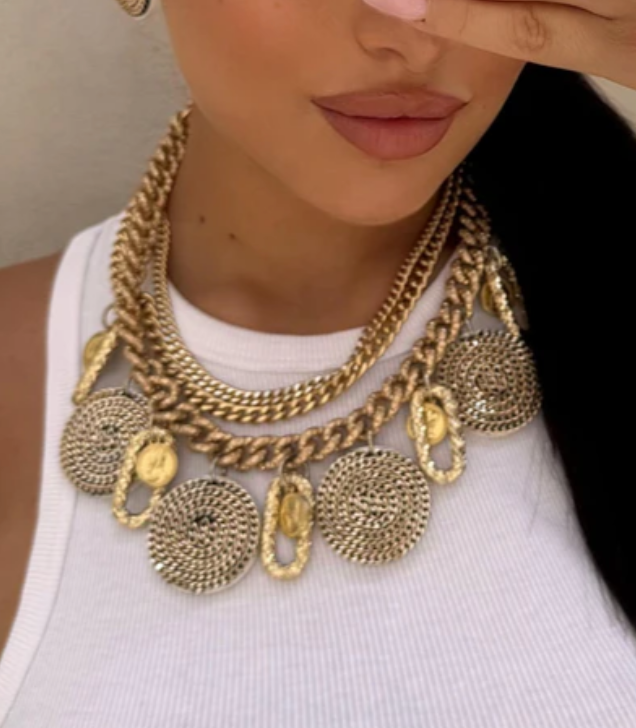 Chunky Layered Gold Necklace with Gold Circular Charms