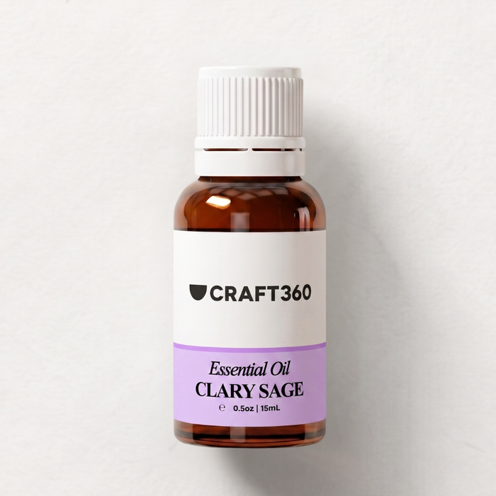 Bottle of Clary Sage essential oil with 'Craft360' label on a light gray background
