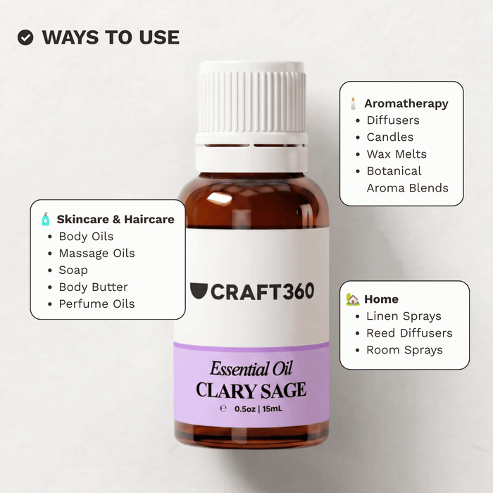 Infographic showing common ways to use Clary Sage Essential Oil in aromatherapy, massage and DIY formulations.