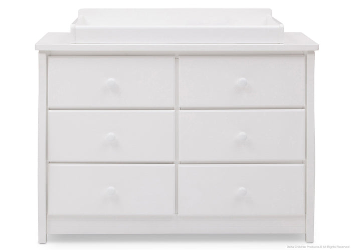 Delta Children Bianca White (130) Clermont 6 Drawer Dresser, Front View with Dresser Topper a4a