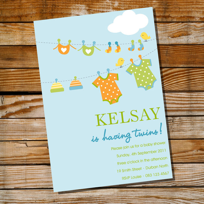 Clothes Line Twin Baby Shower Invitations