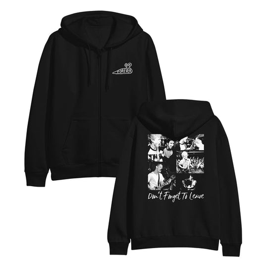 The Dont Forget To Leave black hoodie features “Forever” and a wind-up key on the front, plus a back collage of band photos with the brand name underneath—perfect for fans of bold statement hoodies.