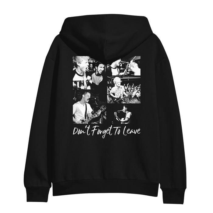 The Dont Forget To Leave black Independent Midweight Zip Up Hoodie features a collage of black-and-white musician photos and handwritten-style “Don’t Forget To Leave” text below the images.