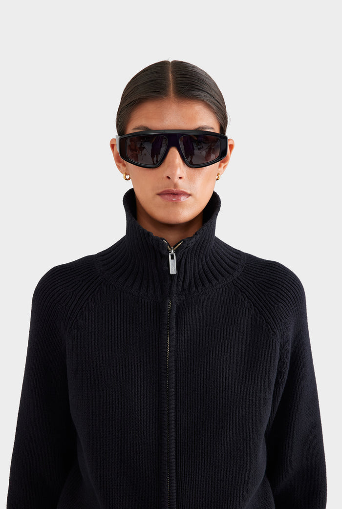Cotton Funnel Neck Zip Up Sweater - Black