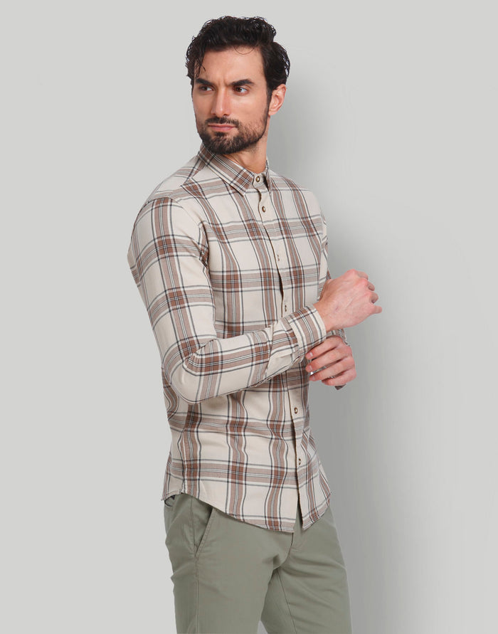 Cream Check Full Sleeves Shirt