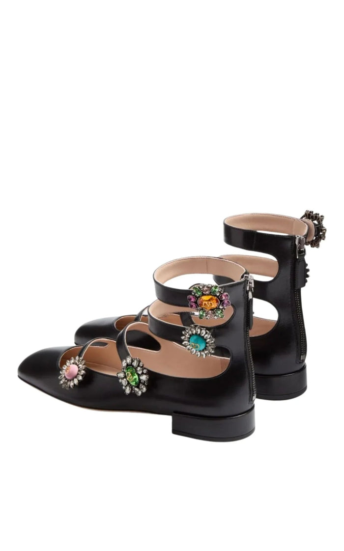Valentino Crystal Daisy Embellished Leather Flats - Runway Catalog