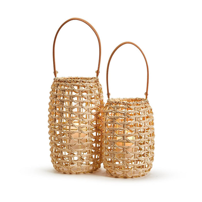 Cylinder Rattan Lantern Decor with Vegan Leather Handle and Glass Holder