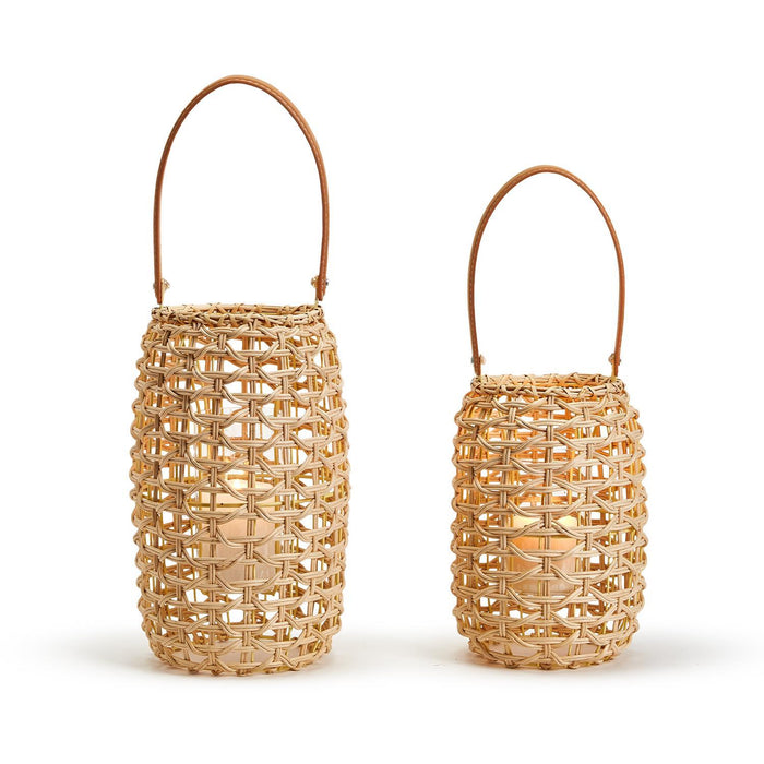 Cylinder Rattan Lantern Decor with Vegan Leather Handle and Glass Holder
