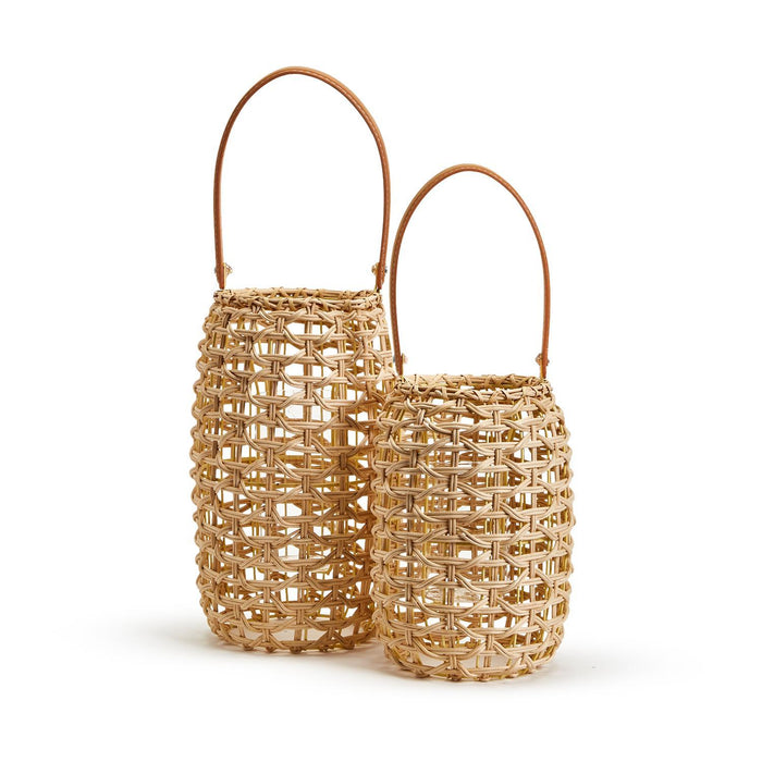 Cylinder Rattan Lantern Decor with Vegan Leather Handle and Glass Holder