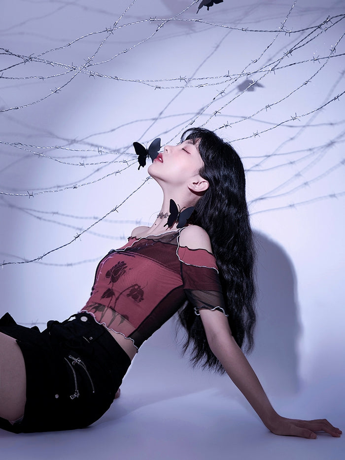 Dark Gothic Brick Red Rose Asymmetric Short-Sleeve Mesh Top Spring Summer