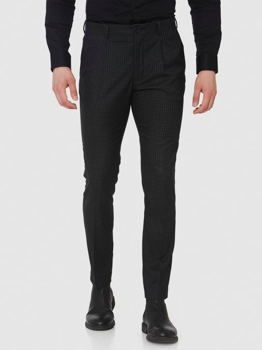 Dark Grey Check Tapered Fit Pants
