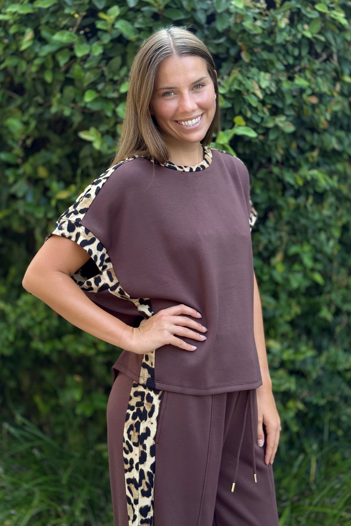 Desert Trail Leopard Trim Top in Brown