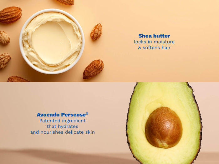 Mustela USA | Shea butter and avocado on a beige background with text about their benefits.
