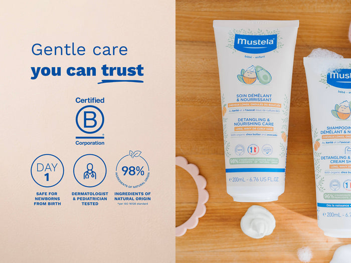 Mustela USA | Mustela baby care products on a wooden surface with branding and certification details.