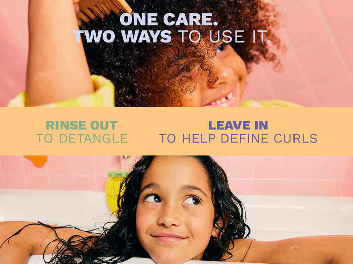 Mustela USA | Child with curly hair during bath time demonstrating rinse-out detangling and leave-in curl definition benefits.