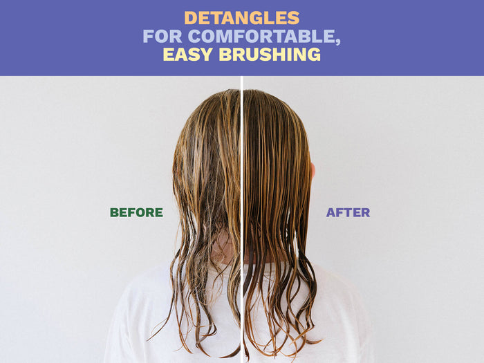 Mustela USA | Before and after comparison of hair detangling with text on a white background