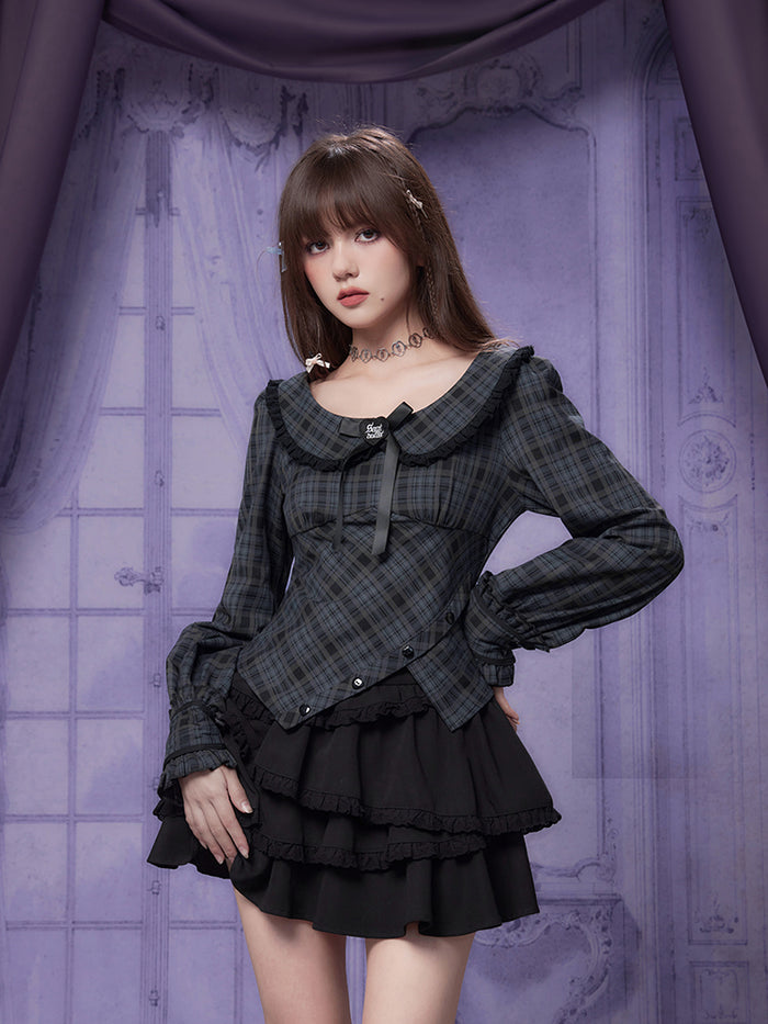 Doll Collar Long-Sleeve Plaid Slimming Blouse Shirt