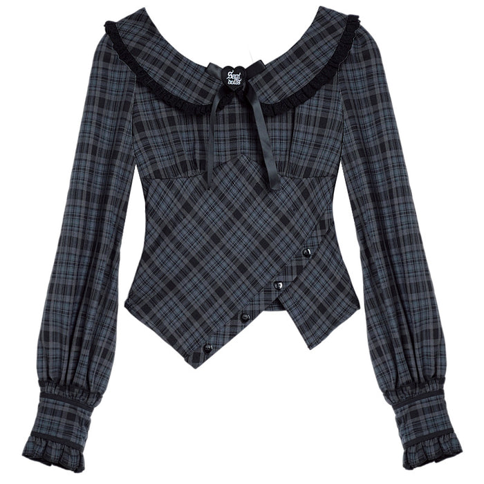 Doll Collar Long-Sleeve Plaid Slimming Blouse Shirt