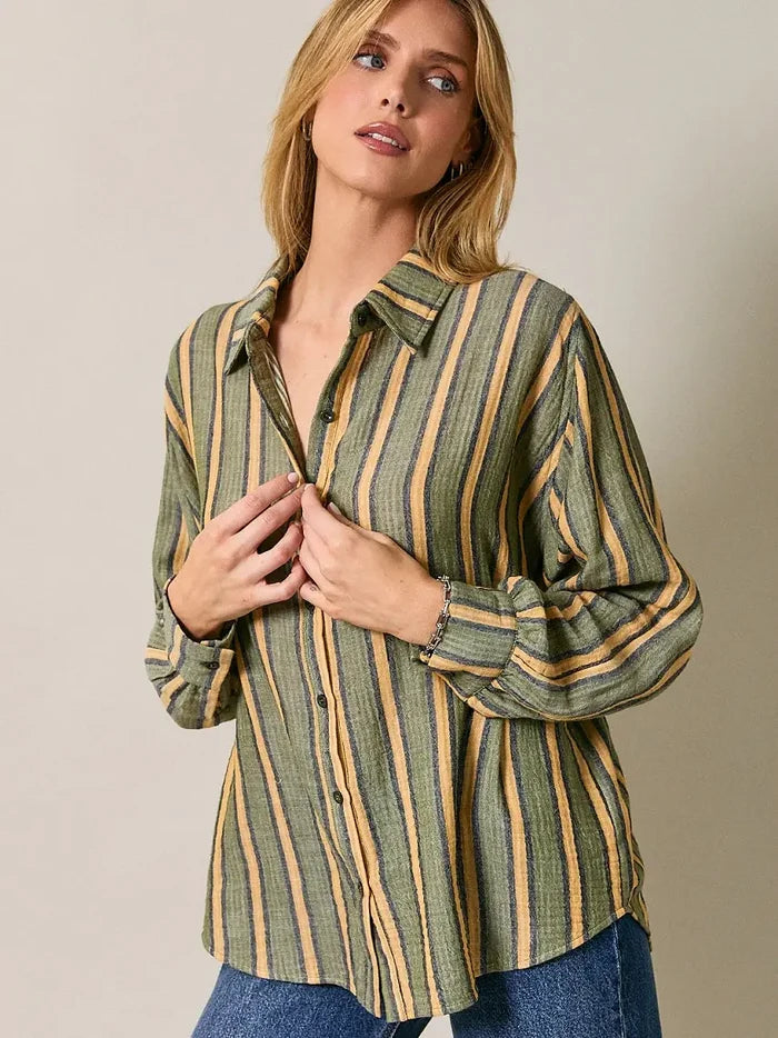 Dolman Long Sleeve Button Down Stripe Shirt