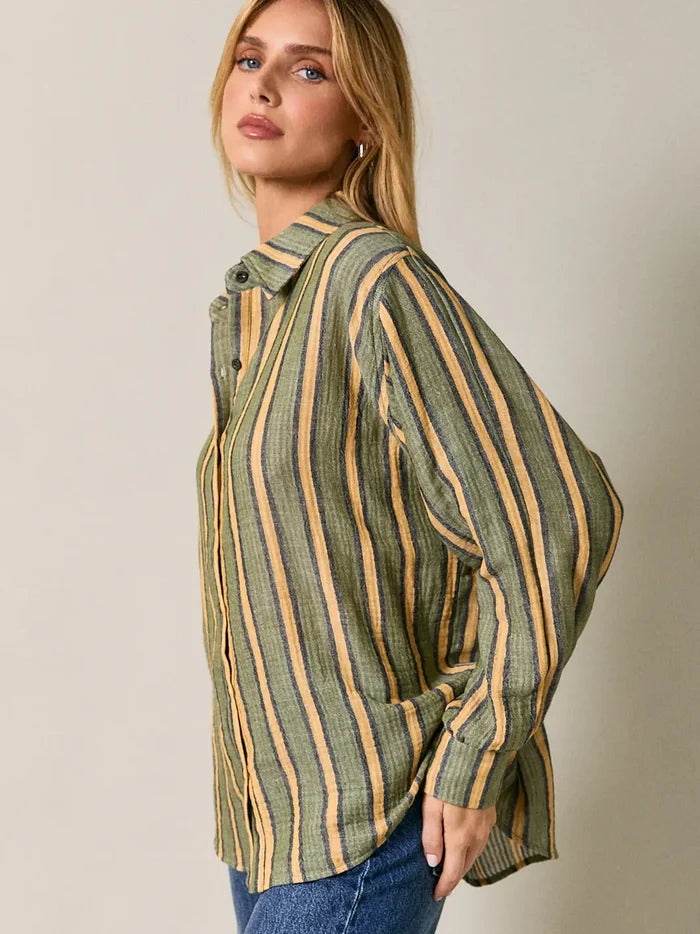 Dolman Long Sleeve Button Down Stripe Shirt