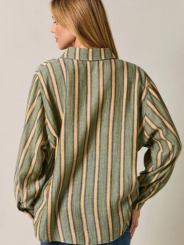 Dolman Long Sleeve Button Down Stripe Shirt