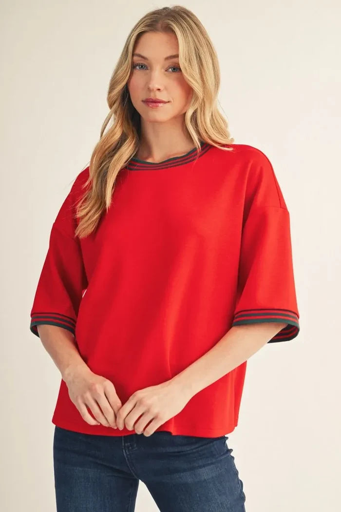 Drop Shoulder Half Sleeve Knit Top with Color Rib Band