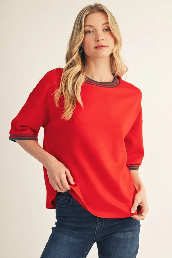 Drop Shoulder Half Sleeve Knit Top with Color Rib Band